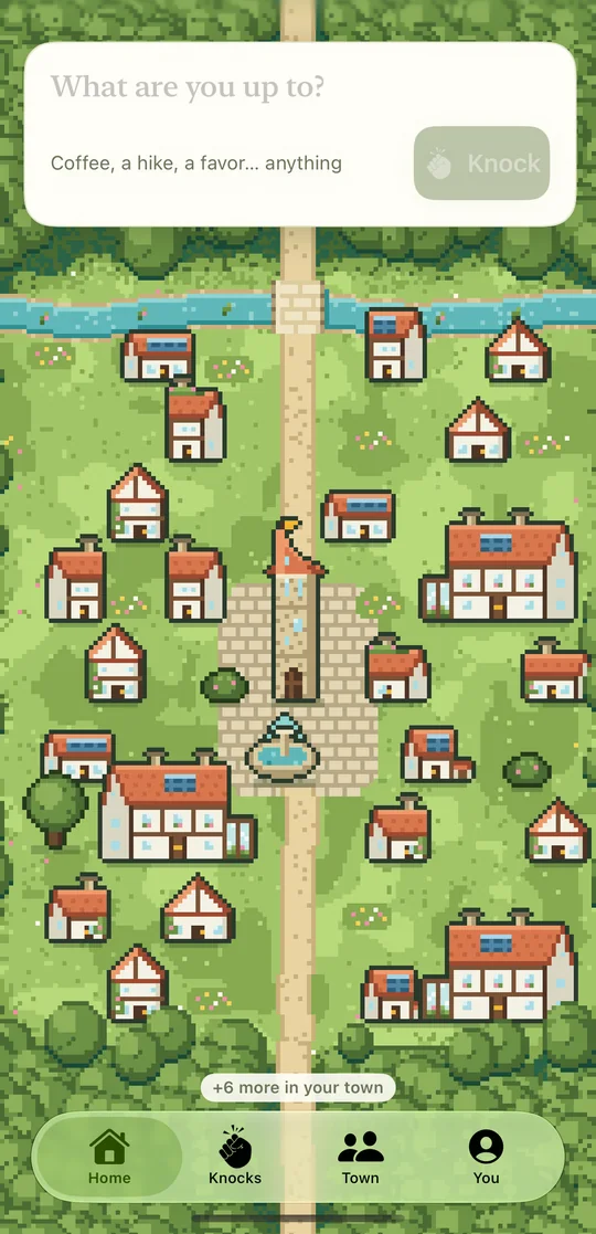The Townvite home screen: a pixel town with houses around a tower, and a box asking what you are up to