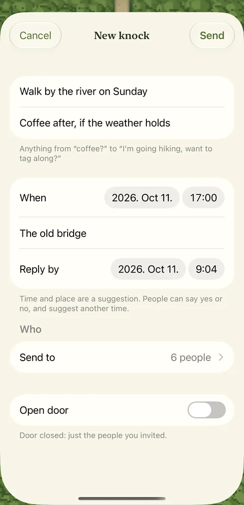 The New knock screen in Townvite: a plan called Walk by the river on Sunday, with a place, a time and six people to send it to