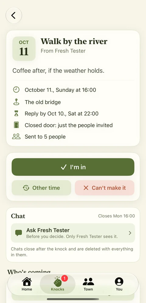 A friend's view of the plan, with the buttons I'm in, Other time and Can't make it, and a chat for the plan